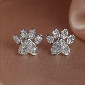 Silver Diamond Paw Print Stud Earrings